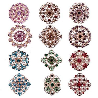 Imagem de Tvoip Fashion Lot 12 peças broches de flores de cristal de strass transparente, Metal, Strass