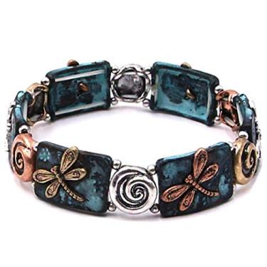 Imagem de DianaL Boutique Pulseira elástica de metal em relevo libélula com acabamento pátina, 8 inches, Metal