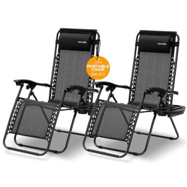 Imagem de SereneLife Conjunto de 2 poltronas reclináveis para ambientes externos com gravidade zero – cadeiras de gramado ajustáveis com apoio de cabeça, mesas com suporte de copo – cadeiras de pátio dobráveis