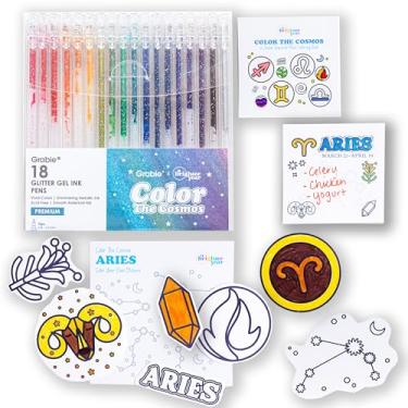 Imagem de A Brighter Year Pacote de cores grandes The Cosmos Aries - Mini livro de colorir adulto (7,6 cm x 7,6 cm - 50 páginas), notas de publicação (127 cm x 7,6 cm x 3"), adesivos e canetas de gel - alívio