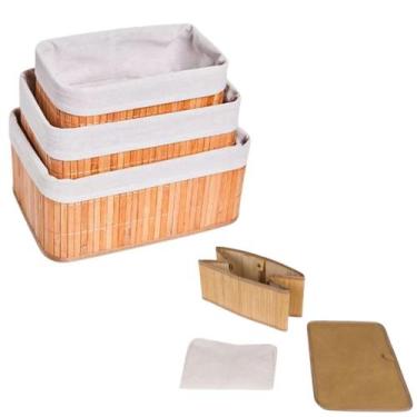 Imagem de Jogo 3 Cestos Bambu Organizadores Para Roupa Suja Brinquedos Nichos De