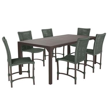 Imagem de Conjunto 6 Cadeiras Cannes Corda Náutica e Mesa Retangular Ripada 2,00m em Alumínio para Edícula, Jardim, Área, Varanda, Cozinha - Pintura Marrom