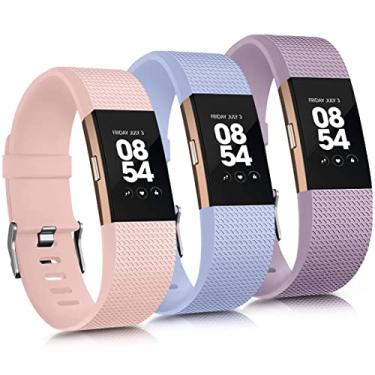 Imagem de Pacote com 3 pulseiras esportivas compatíveis com Fitbit Charge 2 pulseiras femininas e masculinas, pulseiras de substituição ajustáveis para Fitbit Charge 2 HR Pequeno Grande (rosa claro/azul bebê/roxo claro, grande)
