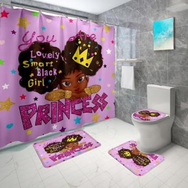 Imagem de Jiospet Conjunto de 4 peças de cortina de chuveiro para meninas negras - decoração de banheiro com tema africano com cortina de chuveiro e tapetes, 178 cm x 178 cm