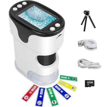 Imagem de Microscópio digital portátil 1000X para crianças, tela HD de 5 cm, recarregável, mini microscópio de bolso com kit deslizante, suporte de microscópio, cartão SD de 32 G para crianças de 4 a 6 a 8 a 12