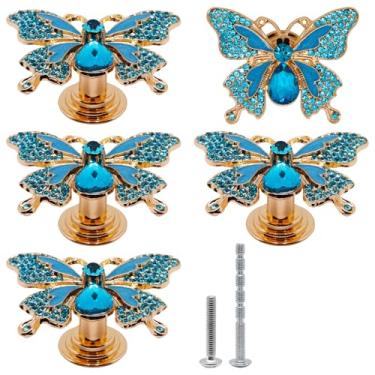 Imagem de YuGtcen 5 puxadores de armário, puxadores de cristal para gavetas, puxador de borboleta para cômoda, puxadores decorativos, puxadores de gaveta de borboleta fofos para cozinha, quarto de meninas