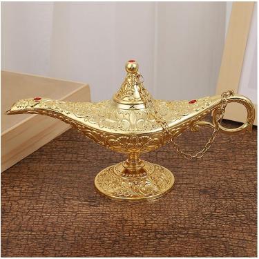 Imagem de Lâmpada mágica de 34cm Gold Aladdin Magic, lâmpada de metal que desejava lâmpada vintage home the the petrô aladdin gênio desejando ornamentos domésticos, lâmpada de gênio retro criativo e c