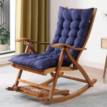 Imagem de Cadeira relaxante dobrável de reclinação de madeira com apoio de pé, poltrona confortável de balanço com cadeira de balancim de planador estofado e confortável para pátio de varanda, costas