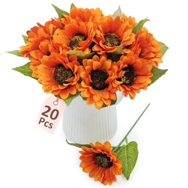 Imagem de FOUSUKA 20 peças de flores artificiais de girassol de seda falsa com hastes para decoração de festa de casamento em casa, buquês de noiva, mesas, arranjos florais, guirlanda, decoração de artesanato