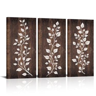 Imagem de HOMEOART Impressão de folha marrom rústica decoração de parede cozinha fazenda decoração de folha imagem arte botânica banheiro quarto sala de estar sala de jantar, emoldurado 20 x 40 cm x 3 peças