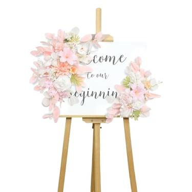 Imagem de BASIMAN Conjunto de 2 flores de arco de casamento, flores artificiais para placa de boas-vindas de casamento, decorações de casamento para recepção e pano de fundo de casamento (rosa eucalipto)