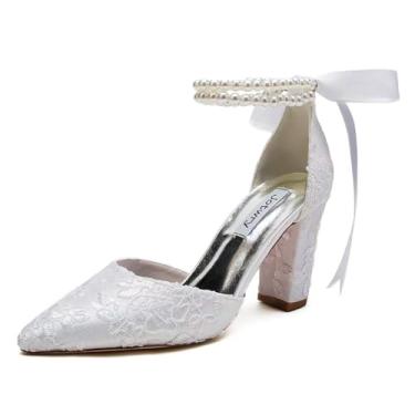 Imagem de Jotwry Sapatos de casamento de cetim para noiva salto bloco sapatos de noiva bico fino salto pérola casamento, Renda branca, 37