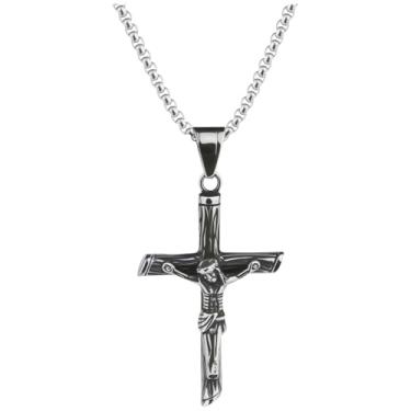 Imagem de Joddfly Colar com pingente de cruz de crucifixo de aço inoxidável, corrente de 50 + 4 cm, joia religiosa cristã para homens