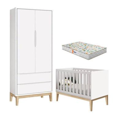 Imagem de Berço Americano E Guarda Roupa 2 Portas New Classic Branco Com Pés Madeira Natural E Colchão Gazin ? Reller