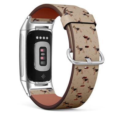 Imagem de Pulseira de couro de substituição para relógio Fitbit Charge 5/Fitbit Charge 6 (Cão Pastor Alemão) Pulseira para Smartwatch para mulheres e homens