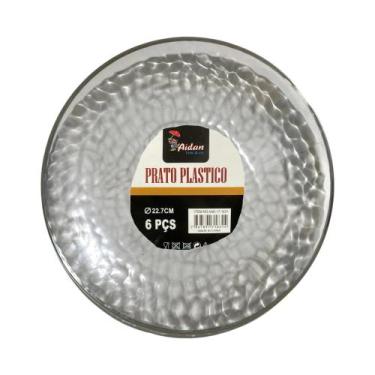 Imagem de Kit 6 Pratos Jantar Redondo Acrílico Borda Prata 22Cm Festa - Aidan