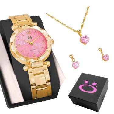 Imagem de Relogio Feminino Rosa Aço + Caixa + Colar Strass Ponteiro Qualidade Premium Garantia Presente Social