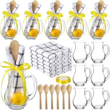 Imagem de LemonRoad Conjunto de 6 prêmios de chá de bebê para jogadores vencedores de jogos presentes de chá de panela inclui jarro de vidro preto e branco toalha xadrez grande colher de madeira fita amarela