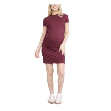 Imagem de Motherhood Maternity Mini vestido feminino de gola redonda manga curta franzido lateral canelado colado ao corpo, Porta Tawny, GG