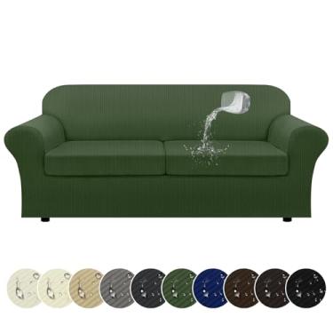 Imagem de Pfrstuv Capa de sofá 100% à prova d'água, conjunto de 3 peças de capas de sofá listradas para 2 capas de sofá com TPU à prova de vazamento na parte inferior para sofá (2 almofadas), verde militar