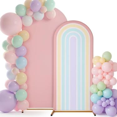 Imagem de Mindsoft 2,2 m + 1,8 m de arco arco-íris com suporte para fundo pastel arqueado tecido elástico para decoração de festa de aniversário boho, casamento (rosa macaroon)