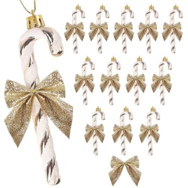 Imagem de HERZWILD 12 peças de bengala doce com glitter de Natal com laço champanhe plástico doce decoração árvore de Natal enfeite para decoração de festa de feriado (laço dourado)