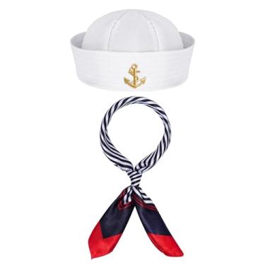 Imagem de Yymobt Acessórios de fantasia de marinheiro, chapéu de marinheiro e cachecol, chapéu de capitão, branco e azul, listrado, roupa de pirata, cosplay, Multicor, Standard