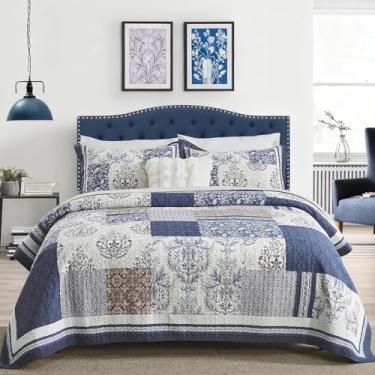 Imagem de SOElinens Colchas Queen Size – Conjunto de colcha azul marinho com fronhas combinando, colcha de cama reversível, estampa xadrez floral, vintage, 3 peças, 100% algodão, leve para todas as estações