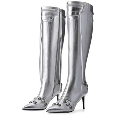 Imagem de VARECOLA Botas femininas de cano alto, bico fino, bico fino, cano alto, cano alto, cano alto, cano alto, cano alto, botas modernas, outono e inverno, Prata, 35