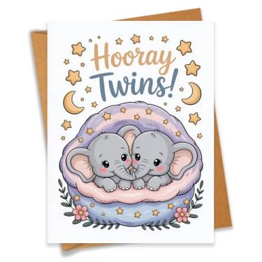 Imagem de Hooray Twins Cute Baby Elephant Duo Cartão de chá de bebê presente de gravidez para mãe grávida pai recém-nascido parabéns novos pais - Tamanho 16 x 12 cm em branco dentro com envelope Kraft