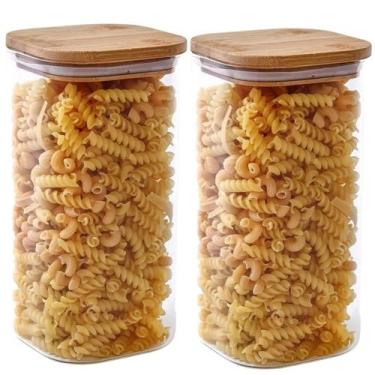 Imagem de Kit 2 Potes Herméticos Quadrados Vidro Tampa De Bambú 1 Litro - VALE I