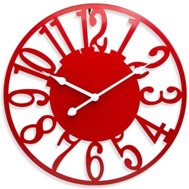 Imagem de SUKYING Relógio de parede grande de 40 cm para decoração de sala de estar, relógio de parede moderno silencioso operado por bateria, relógio decorativo de metal vermelho para cozinha de fazenda, pátio