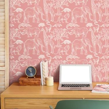 Imagem de Livelynine Papel De Parede Autoadesivo Rosa 17,5 X 276 Pol., Girafa, Pássaro, Árvore, Elefante, Animal, Mural, Feminino, Contato, Quarto Infantil, Menina, Berçário, Vida Selvagem, Paisagem
