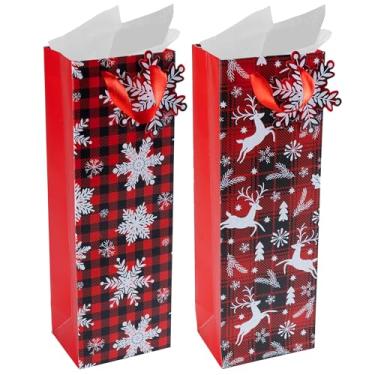 Imagem de RACHELLE'S Sacos de vinho xadrez de Natal – 35,56 x 12,7 x 10,2 cm (pacote com 2) – Sacos de presente de papel resistente com papel de seda, etiqueta e alça - Perfeito para presentes de Natal e