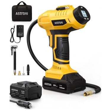 Imagem de Compressor de Ar Portátil 160 PSI Recarregável com Tela LED e Adaptador de Energia, 20V, AstroAI, Amarelo