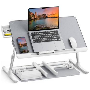 Imagem de Mesa cama para laptop, ajustável, portátil de pé com gaveta de zenamento, dobrável para tablet cinza, SAIJI K7M G, Branco