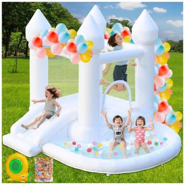 Imagem de Casa de Pulos FOOING Branca, Casa de Pulos Inflável com Soprador de Ar, Castelo Pula-Pula com Piscina de Bolinhas para Festas, Casamentos