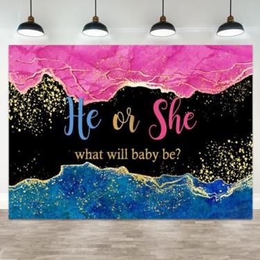 Imagem de ASDCXZ Pano de fundo revelador de gênero de 2,1 x 1,5 m para ele ou ela O que será o bebê ser, fundo rosa azul dourado com glitter para decoração de festa de chá de bebê, adereços de cabine de fotos