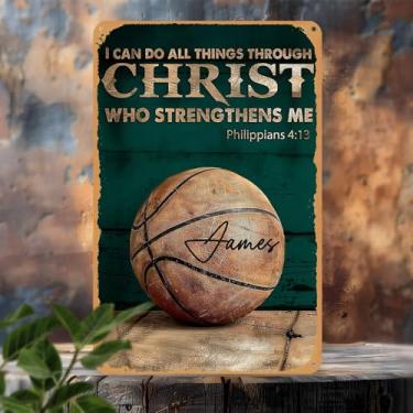 Imagem de 1 peça de arte de parede de metal personalizada James, placa de alumínio vintage personalizada com verso bíblico de Filipenses 4:13 e design de basquete para decoração de bar, verde