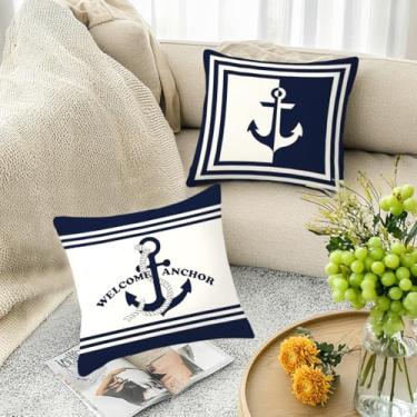 Imagem de Capas de almofada náutica âncora 45 x 45 frente e verso, azul marinho, náutico, veleiro, praia, litoral, para casa, quarto, sala de estar
