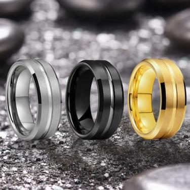 Imagem de Aliança de casamento masculina de carboneto de tungstênio - Anel ranhurado de 8 mm em preto/prata/ouro, tamanhos 7-12 (preto prata dourado 12), Carboneto de tungstênio, Sem pedra preciosa