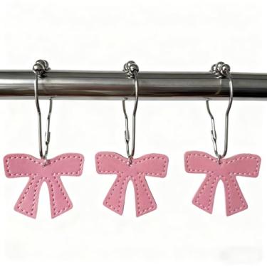 Imagem de Ganchos de cortina de chuveiro com nó de laço, gancho de cortina de chuveiro de couro, 12 peças de anéis de cortina de chuveiro à prova de ferrugem para banheiro, cabides decorativos de metal para