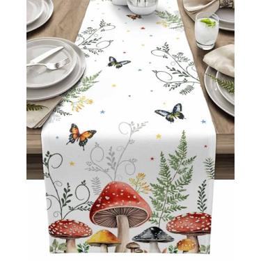 Imagem de Caminho de mesa, cogumelos, borboleta, caminhos de mesa 33 x 183 cm de comprimento, folhas verdes, caminho de jantar, cozinha, decoração de mesa de jantar para decoração de festa em casa
