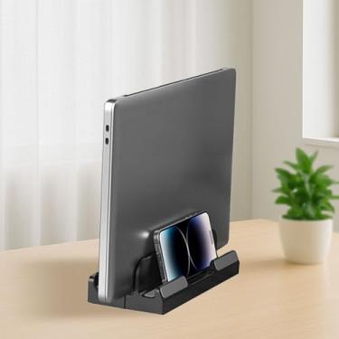 Imagem de Suporte vertical ajustável para laptop – organizador de mesa de plástico que economiza espaço para notebooks e tablets, preto