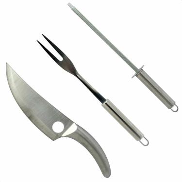 Imagem de Conjunto de Churrasco Profissional em Aço Inox, Faca 30cm com Lâmina 17.5cm, Garfo e Chaira, Kit 3 Peças Prateado