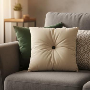 Imagem de Almofada Decorativa de Luxo para Sofá, 45x45cm, Enchimento Incluso, Diversos Tons, Botão Central, para Sala e Quarto (Bege)