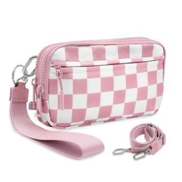 Imagem de JueiXeoy Carteira de pulso feminina quadriculada pequena bolsa transversal bolsa acolchoada de nylon porta-cartão de crédito com 4 zíperes, Rosa/branco, One Size