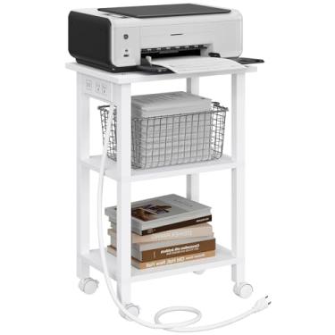 Imagem de TUTOTAK Suporte de impressora de 3 níveis, carrinho de impressora com tomadas elétricas e portas USB, mesa de impressora móvel com rodas, para embaixo da mesa, escritório, casa, branco PS02BW001