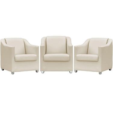Imagem de Kit 3 Poltronas Mila Corino Cores Pé De Plástico Cromado - Bege Corino