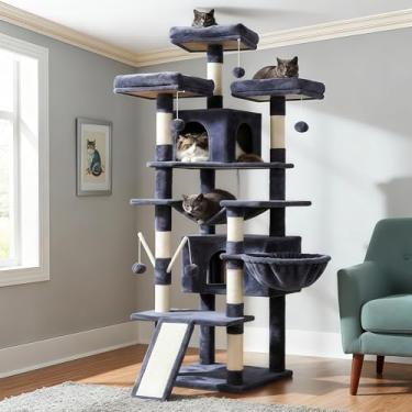 Imagem de Árvore para gatos Hey-brother, grande torre para gatos de 180 cm GG para gatos internos, casa de gatos de vários níveis com 3 poleiros acolchoados, arranhador grande, cesta aconchegante, 2 condomínios